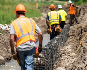 Construction Workers Installing Erosion Control Measures