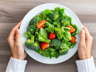 A healthy plate of green salad with broccoli, cherry tomatoes, and leafy greens held by two hands on a wooden table.