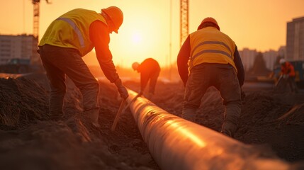 Fototapeta premium Construction Workers Installing Pipeline at Sunset