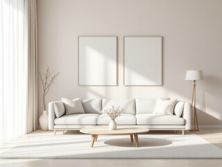 Minimalist living room interior with light sofa and wooden coffee table in sunlit space