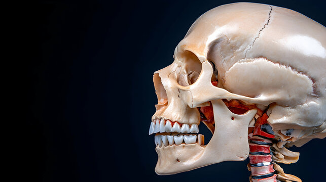 Human skull model profile, anatomy study, dark background, medical education