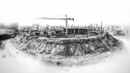 Fototapeta premium black and white photorealistic isometric cube view of a construction site with dirt piles and cranes digging. white background.