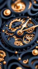 Intricate clockwork mechanism, close-up detail, gold gears, dark background, luxury watch component, technical illustration