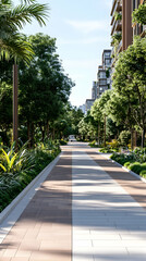 Obraz premium Lush green walkway between modern apartment buildings, sunny day, urban landscape; ideal for real estate marketing