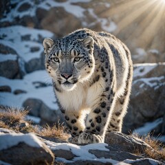 Fototapeta premium A snow leopard walking through a frosty canyon with sunlight filtering through.