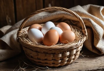 Fresh Farm Eggs in Rustic Wooden Basket with Straw Nest