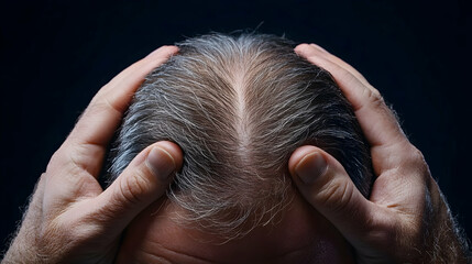 Man's hands on thinning gray hair; stress, aging, hair loss