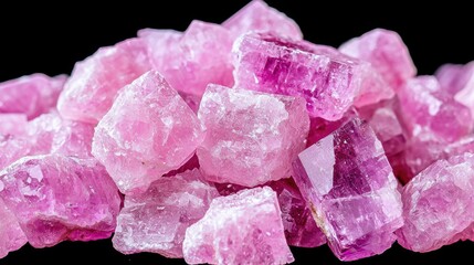 Fototapeta premium Raw pink quartz crystals piled together against a dark background under bright studio lighting.