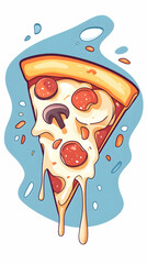Melted cheese pepperoni pizza slice, cartoon style, blue background, food illustration, menu design