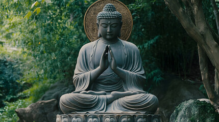 Obraz premium Serene Buddha Statue in Meditation Pose Amidst Lush Greenery for Tranquility and Peace : Generative AI