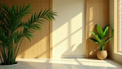 Fototapeta premium Softly filtered light filters through bamboo leaves, woven walls, natural light, minimalist