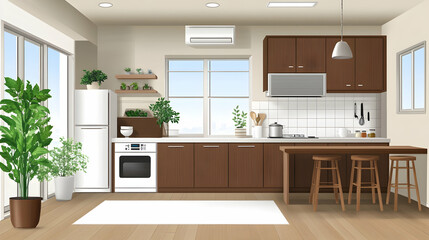 Modern kitchen interior design, plants, window view, bright room, home decor, for real estate