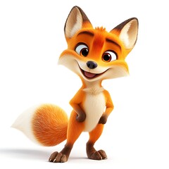 Obraz premium Happy Fox Cartoon Character: An adorable, cheerful cartoon fox with bright orange fur and a big, friendly smile stands with its paws on its hips, radiating joy and playfulness.&nbsp;