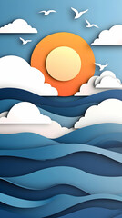 Paper art sunset ocean waves, birds flying, calming background, ideal for relaxation themes