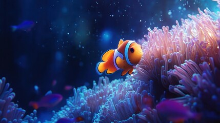 Clownfish hiding in anemone, ocean reef, dark blue, bubbles, nature