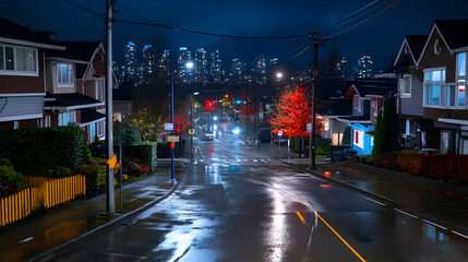 Rainy night street scene, suburban houses, city skyline background; ideal for urban, real estate, or weather imagery
