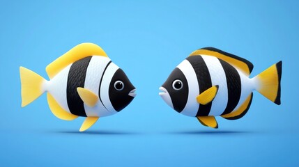 Cartoon fish facing, blue background, communication, 3D render, illustration