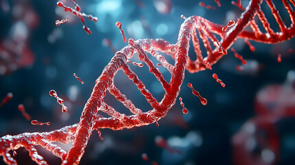 Red DNA strand, genetic code, science, microscopic background, medical research
