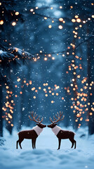 Reindeer couple in snowy forest, fairy lights background, winter romance, Christmas card