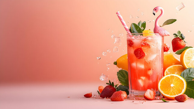 Refreshing strawberry lemonade drink with ice and fruit, summer background