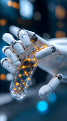 Robotic hand holding DNA strand, futuristic lab background, scientific research, medical technology
