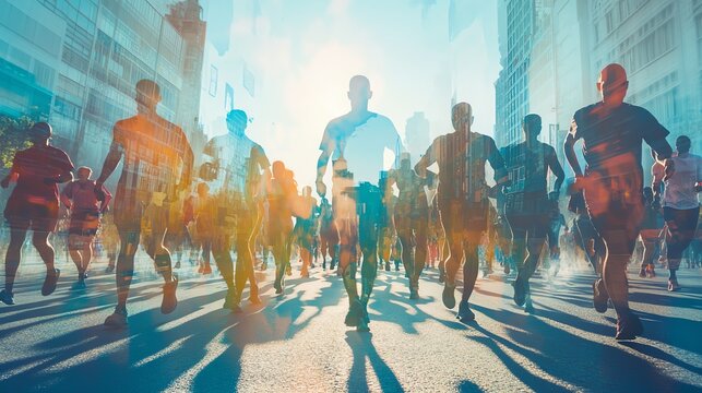 Crowd of runners in a vibrant city marathon, moving in unison under a bright sky, showcasing the energy and spirit of urban fitness events.