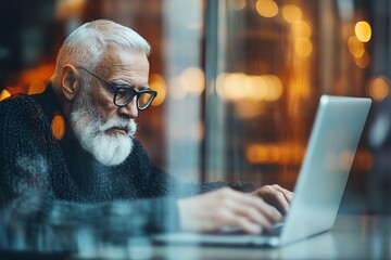 Elderly man with white beard and glasses working on a laptop in a cozy cafe, focused and thoughtful, reflecting modern work lifestyle.