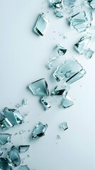 Shattered glass pieces on light blue background; destruction, fragility concept; website design