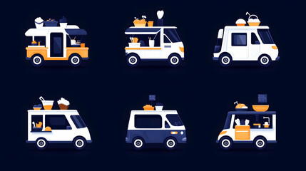 Six food truck designs; various cuisines, street food, urban background; ideal for food blog, restaurant menu