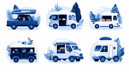 Six food trucks, various designs, leafy background, mobile catering business
