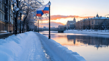 Snowy riverside path, Russian flag, sunrise cityscape. Winter travel, postcard
