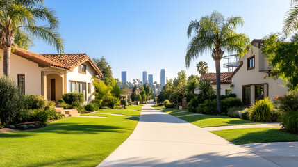 Suburban street, California homes, city skyline view, sunny day, real estate