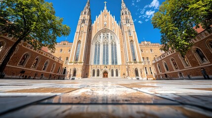 Obraz premium Majestic Cathedral Facade, Sunny Day, Courtyard, City. Stock Photo