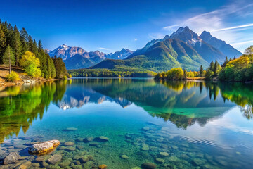 Obraz premium Serene mountain lake reflecting autumn foliage and snow-capped peaks.