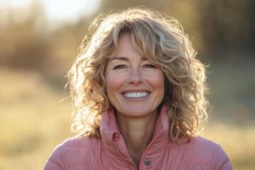 A woman with blonde hair and a pink jacket is smiling in the sun
