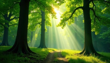 Obraz premium Softly filtering sunlight through towering trees, tree, green, wood