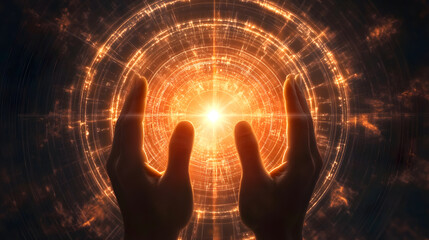 Obraz premium Hands Reaching Towards a Radiant Orb of Light in a Mystical and Magical Digital Art Scene : Generative AI