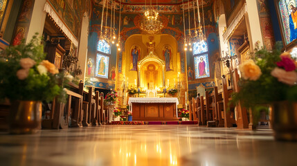 Fototapeta premium Golden Illuminated Interior of Eastern Orthodox Church with Floral Decorations and Iconography : Generative AI