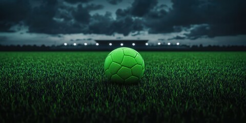 Fototapeta premium Glowing Soccer Ball on a Dark Grass Field at Night