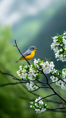 Yellow-rumped Flycatcher perched on blossoming branch, mountain background, springtime nature scene, ideal for nature blogs or calendars
