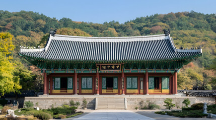 Traditional Korean Temple Amidst Lush Green Mountains Capturing Cultural Heritage and Architectural Beauty : Generative AI
