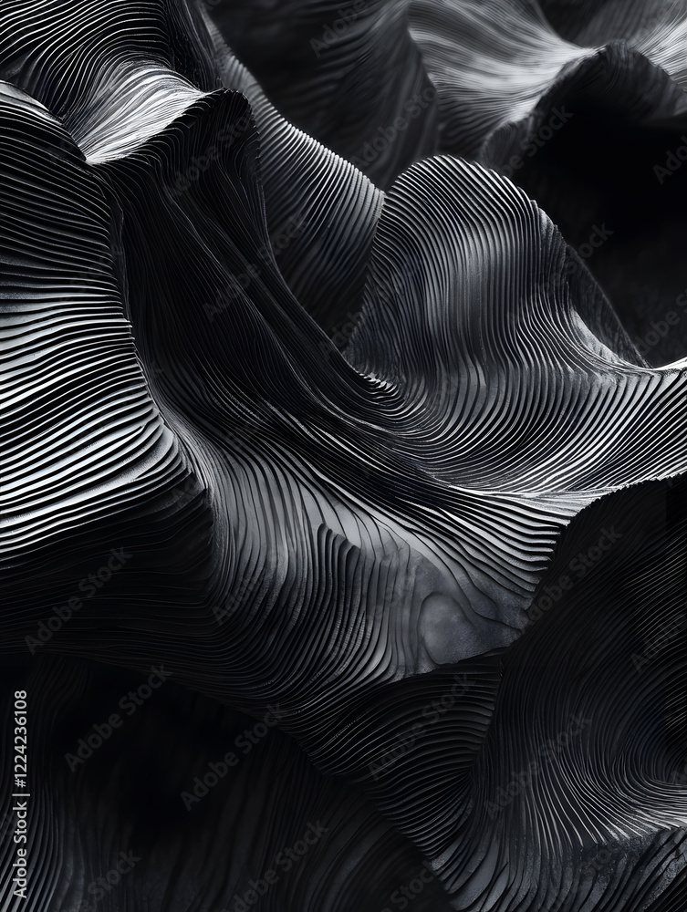 Leinwandbilder Monochrome abstract closeup of wood grain texture forming undulating wave-like patterns : Generative AI