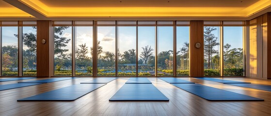 Yoga studio with blue mats and large windows overlooking a garden at sunset with warm light