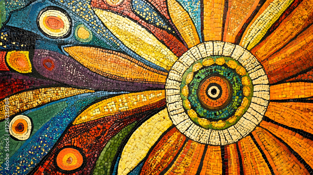 Poster Abstract Colorful Mosaic Art with Concentric Patterns and Warm Tones : Generative AI