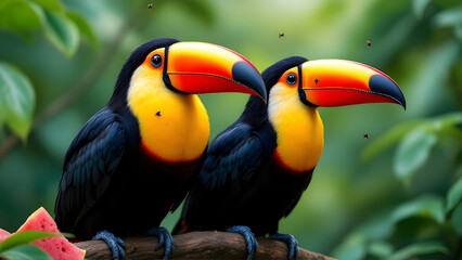 Fototapeta premium Medium size aracari toucan sitting on a branch in the rainforest.