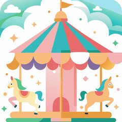 Obraz premium Playful carousel illustration featuring colorful horses, cheerful mood, designed in a modern graphic style
