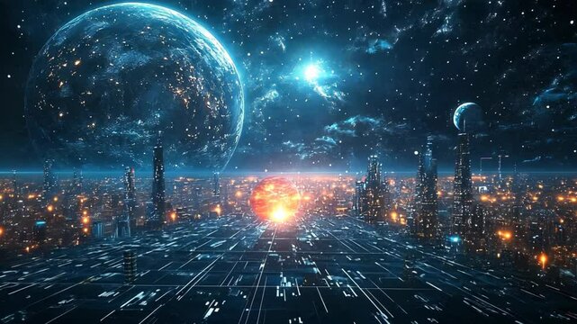 otherworldly futuristic alien cybernetic cityscape with big planet on celestial sky 