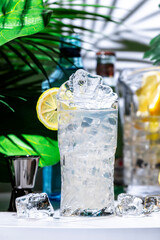 Gin tonic cocktail drink with dry gin, bitter tonic, lemon and ice. White marble table with...