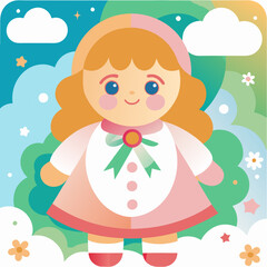 Obraz premium Whimsical doll illustration with vibrant colors and cheerful background, playful mood, designed in a cute graphic style