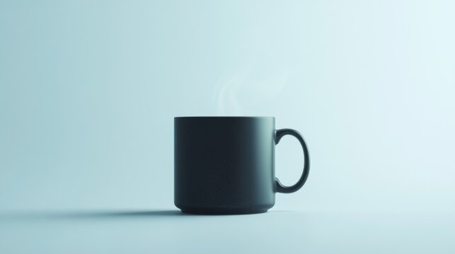 A sleek black mug stands elegantly against a soft blue background. Steam rises gently, suggesting warmth and comfort. Perfect for coffee lovers and design enthusiasts. Generative AI